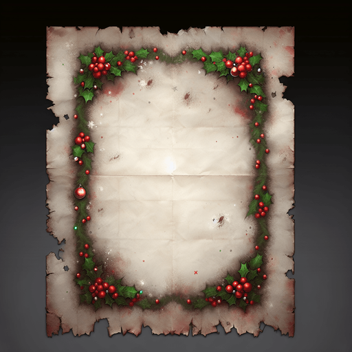 a simple eerie christmas blank dirty ripped paper. Use christmas colors. Do not put text, just the dirty ripped paper so i can fill it myself with text.
Single Game Texture. In-Game asset. 2d. Blank background. High contrast. No shadows. No text.