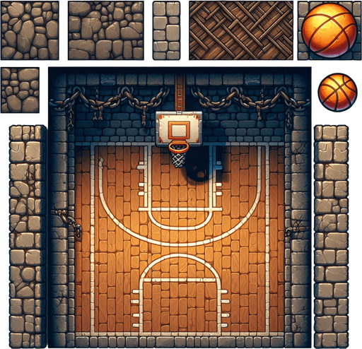 basketball dungeon background.
Single Game Texture. In-Game asset. 2d. Blank background. High contrast. No shadows.