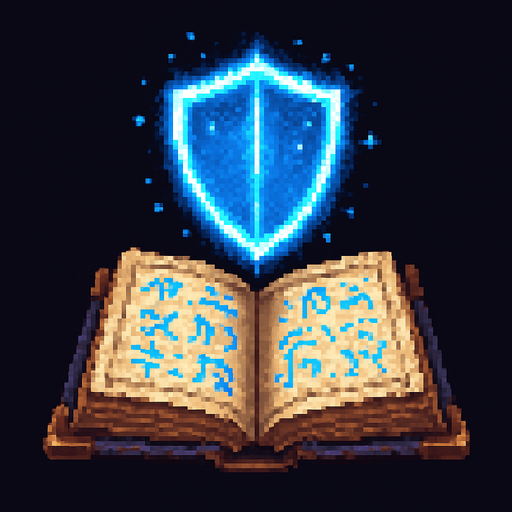 "2D pixel art of a glowing blue shield symbol emerging from an open magical spellbook. The spellbook has old, worn covers and glowing arcane runes on its pages. The shield symbol floats above the book, made of radiant blue magical energy, slightly transparent and softly glowing. It represents protection or a defensive spell. Style is classic 16-bit fantasy RPG pixel art. Transparent background.".
In-Game asset.  2d.  High contrast.  No shadows