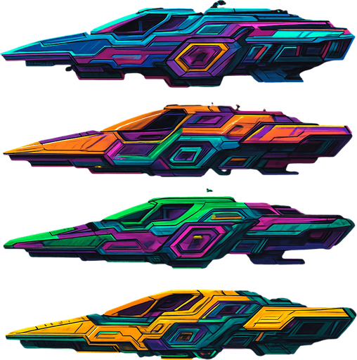 Cyber Ship assets, Cyberpunk, Abstract, Futuer, HD colors, Different colors. Horizontal. seen from a side.
In-Game asset.  2d.  High contrast.  No shadows