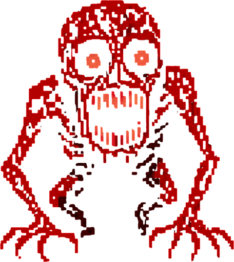 Make a horrifying 8 bit monster that is very scary and disturbing.
In-Game asset.  2d.  High contrast.  No shadows