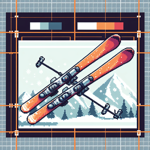 pixel art banner of a pair of skis crossed.
Single Game Texture. In-Game asset. 2d. Blank background. High contrast. No shadows.