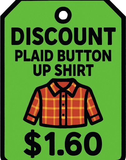 green price tag that says discount plaid button up shirt $1.60.
In-Game asset.  2d.  High contrast.  No shadows