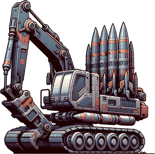 Excavator with 2d tender rockets.
Single Game Texture.  In-Game asset.  2d.  Blank background.  High contrast.  No shadows