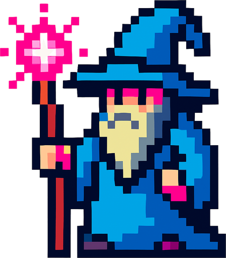 piksel büyücü.
In-Game asset.  2d.  High contrast.  No shadows