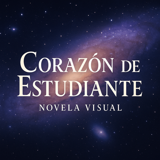 Create a title screen logo with the following text:
"Corazón de Estudiante - Novela Visual"
Behind the text, the Andromeda Galaxy (M31) stretches across the background, creating a dreamy, cosmic atmosphere that evokes mystery and romance.