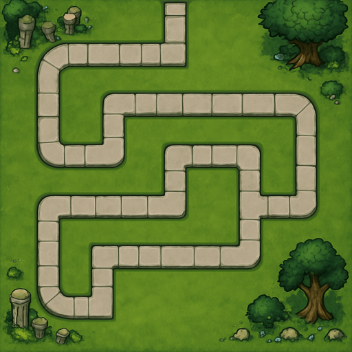 A top-down orthographic view of a TD map. The focus is a single, continuous stone-paved path. This path is a long, serpentine line that twists and turns across the map in a strict grid pattern with sharp 90-degree angles. Crucially, the path never forks, branches, or intersects with itself; it is one unbroken line from start to finish. It enters at the top-center edge and exits at the bottom-center edge. The buildable areas next to the path are wide, flat, and empty grass. All decorative clutter, like mossy ruins and ancient trees, is kept exclusively on the outer perimeter of the map. Stylized and hand-painted. --no towers, no characters, no buildings, no crossroads, no forks.
In-Game asset.  2d.  High contrast.  No shadows