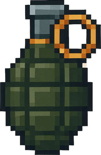 Uma Granada, pointing up. top down view. pixelart. vertical. Single Game Texture. In-Game asset. 2d. Blank background. High contrast. No shadows.