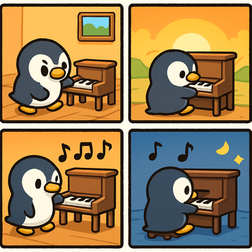 4-panel comic strip, no text, cute cartoon style, bright colors, black outlines.
Characters: Penguin Hero (small, determined) + Penguin Princess (elegant, crown) + Village Penguins
Central Theme: Music connects hearts, piano mastery wins love. Story: Hero commits to learning piano seriously

Panel 1: Hero finds small piano and sets up practice space
Panel 2: Hero practicing at sunrise, warm golden morning light
Panel 3: Musical notes gradually improve from wobbly to steady
Panel 4: Hero still practicing under moonlight, showing dedication through full day
In-Game asset.  2d.  High contrast.  No shadows