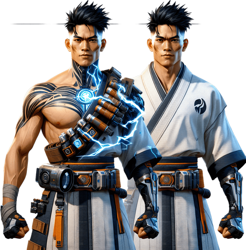 1. Appearance and Build:
Body Type: Athletic, muscular, slender, or bulky.
Height and Proportions: Tall and imposing, average, or short and agile.
2. Outfit:
Style: Modern, traditional, futuristic, or fantasy-inspired.
Details: Armor, casual clothes, martial arts gi, cybernetic enhancements, or tribal attire.
Accessories: Belts, gloves, headbands, jewelry, or tech gadgets.
3. Face and Hair:
Expression: Serious, confident, aggressive, or calm.
Hair: Short, long, spiky, braided, or tied in a ponytail. Specify color and texture (e.g., fiery red, silky black, or platinum blonde).
Facial Features: Scars, tattoos, or unique marks.
4. Weapons and Tools:
Describe any weapons, like swords, nunchaku, guns, or energy-based tools.
Mention how the character wields or carries these items.
5. Special Effects:
Glowing eyes, a fiery aura, electricity coursing through their body, or smoke emanating from their feet.
Unique powers visually represented (e.g., ice shards, flames, or magical sigils).
6. Pers.
Single Game Texture. In-Game asset. 2d. Blank background. High contrast. No shadows.