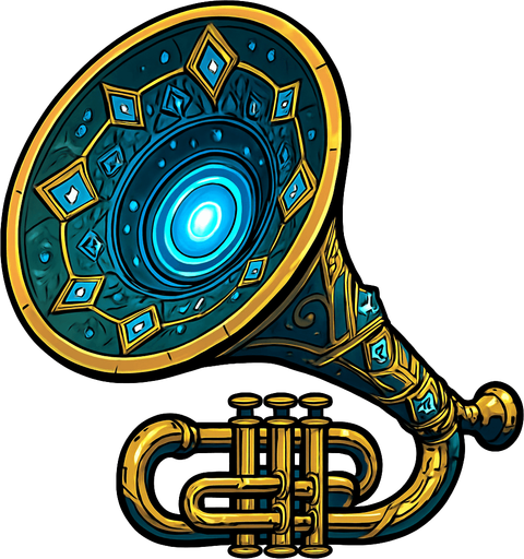 Una trompeta de proporciones colosales, con una campana que se abre como un altavoz parabólico gigante. Su superficie podría ser de un metal brillante y pulido, con intrincados grabados o incrustaciones de cristales resonantes que brillan intensamente. Podría tener un sistema de lentes o emisores de energía en su boca..
In-Game asset.  2d.  High contrast.  No shadows