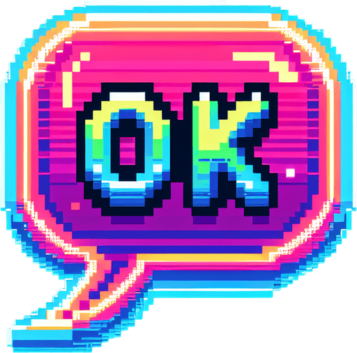 pixel art speech bubble that says "Ok" neon color..
Single Game Texture. In-Game asset. 2d. Blank background. High contrast. No shadows.