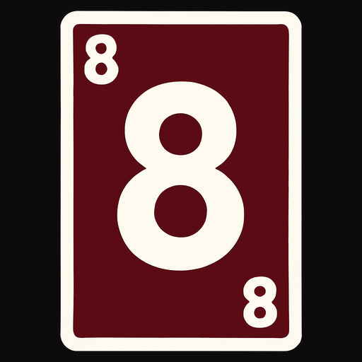 Rectangular card numbered 8, with a white border around it and a burgundy background..
In-Game asset.  2d.  High contrast.  No shadows