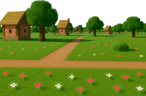 daha uzakta farklı evler ve ağaçlar