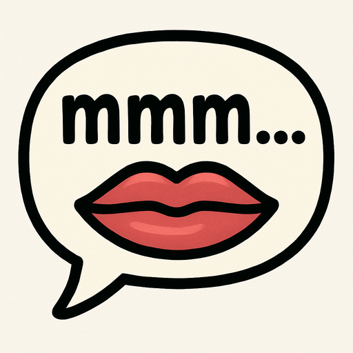 Simple cartoon speech bubble with closed lips icon and lowercase lettering 'mmm...'.
Single Game Texture.  In-Game asset.  2d.  Blank background.  High contrast.  No shadows
