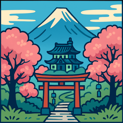 A peaceful mountain and temple background with sakura trees, a torii gate, and light wind chimes hanging. Very serene..
In-Game asset.  2d.  High contrast.  No shadows