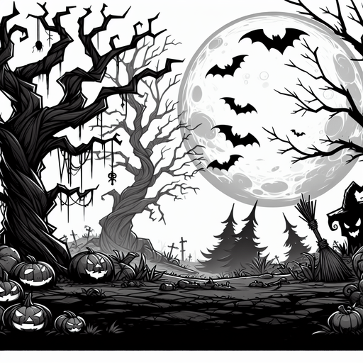 spooky halloween forest.
Single Game Texture. In-Game asset. 2d. Blank background. High contrast. No shadows.