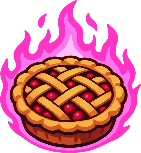 Cherry pie with pink fire aura.
In-Game asset.  2d.  High contrast.  No shadows