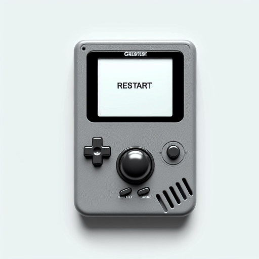 photorealistic black colored round button with restart text on grey gameboy, front view