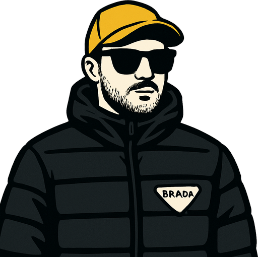 siyah renk prada montlu bir adam görseli oluştur , bu montu giyen adam sarı şapkalı , siyah güneş gözlüklü , hafif kirli sakallı bir tip olsun. prada yerine görselde "BRADA" yazsın
In-Game asset.  2d.  High contrast.  No shadows