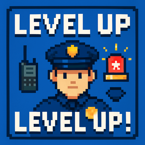 a police themed level up screen pixel art.
In-Game asset.  High contrast.  No shadows
