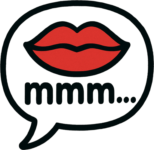 Simple cartoon speech bubble with closed lips icon and lowercase lettering 'mmm...'.
Single Game Texture.  In-Game asset.  2d.  Blank background.  High contrast.  No shadows