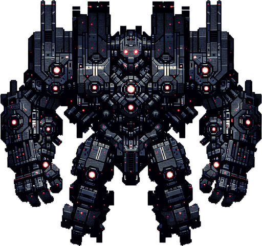 Overhead view. A heavily armored attack robot. Two arms with large gauntlet type fists. Four large red glowing eyes. Three distinct parts, body and two arms. Symmetrical design. Birds Eye view above them looking down on their head. Simple shapes. Low detail. Cyberpunk, black with red glowing highlights..
Single Game Texture. In-Game asset. 2d. Blank background. High contrast. No shadows.