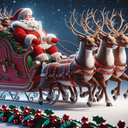 Santa's sleigh with reindeers. profile view