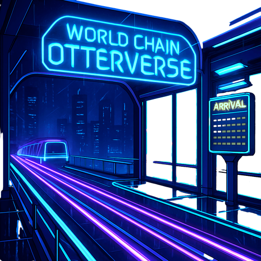 Generate an elevated monorail station at night, with neon rails and transparent glass platforms. Holographic signage over the tracks proclaims ‘World Chain Otterverse.’ Add animated train arrival indicators, rain streaks on glass, and distant skyscrapers—no characters or coins present..
In-Game asset.  2d.  High contrast.  No shadows