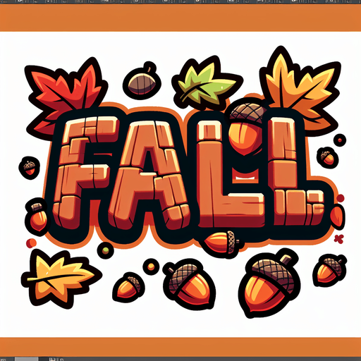 Create an SVG text design for "FALL" in bold cartoon style with chunky rounded letters. Add small falling leaves and acorn accents in warm autumn colors.​​​​​​​​​​​​​​​​.
Single Game Texture. In-Game asset. 2d. Blank background. High contrast. No shadows.