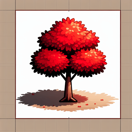 Red tree.
Single Game Texture.  In-Game asset.  2d.  Blank background.  High contrast.  No shadows