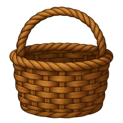 A basket.
Single Game Texture.  In-Game asset.  2d.  Blank background.  High contrast.  No shadows