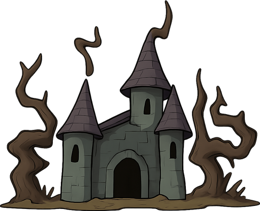 a twisted castle with creepy trees on the ground. No background. Transparent background. Blank background. No shadows. 2d. In-Game asset. flat