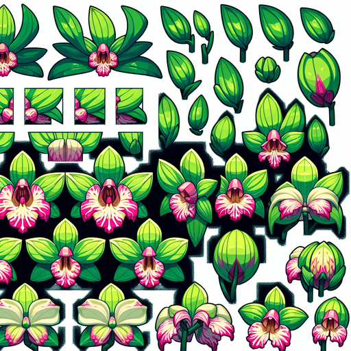 A sprite sheet of different green orchids with pink streaks seen from above. Cartoon. All similar size. Just the blossom. Bold colors and shading. 
Single Game Texture. In-Game asset. 2d. Blank background. High contrast. No shadows.
