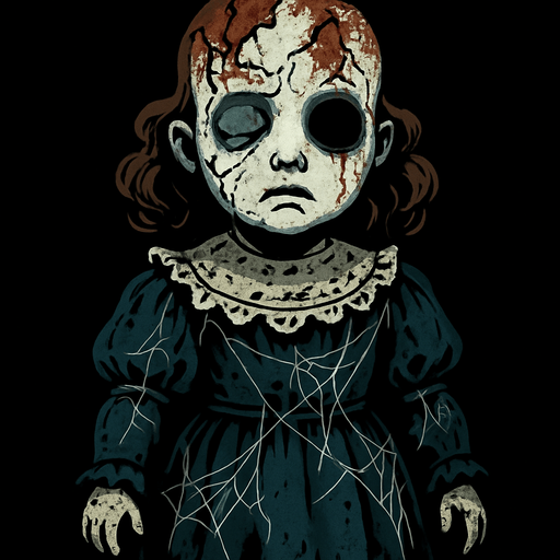 one scary porcelain doll. It is clear from the whiteness of his skin that he has been standing there for years, one eye is completely closed and one eye is open but he has no eyes (jet black). She has suffered blows for years, fractures and burns on her head, and her beautiful dress is covered with cobwebs..
In-Game asset.  2d.  High contrast.  No shadows