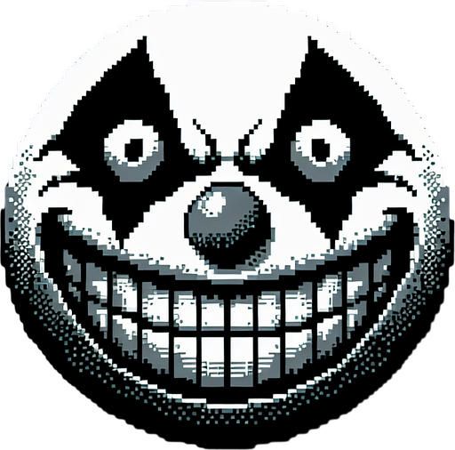 Grinning creepy ball shaped clown face.
Single Game Texture. In-Game asset. 2d. Blank background. High contrast. No shadows. 8 bit