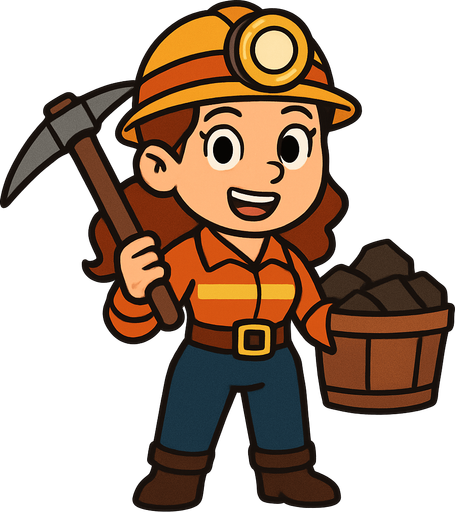 woman miner cartoon.
In-Game asset.  2d.  High contrast.  No shadows