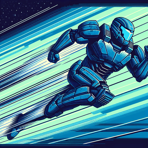 a blue iron man style armor flying horizontally.
Retro gaming style