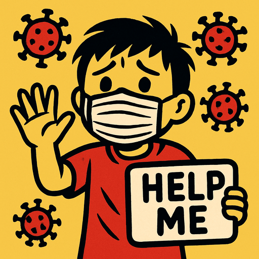 a scared kid from corona virus say help me.
In-Game asset.  2d.  High contrast.  No shadows