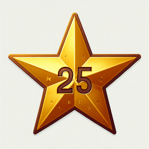 western gold star with 25 written on it.
Single Game Texture. In-Game asset. 2d. Blank background. High contrast. No shadows.