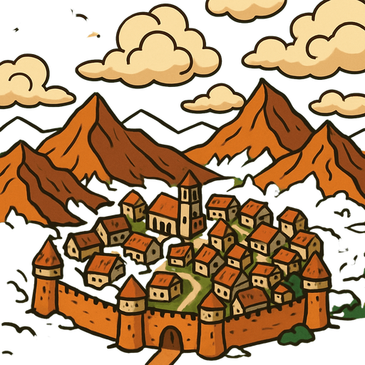 Üstten görünen bulutlu bir hava va aşağıda dağlar ve orta çağ kasabası.
In-Game asset.  2d.  High contrast.  No shadows