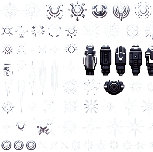 A spritesheet of various laser and space gun turret shots, including dual shots, rays and projectiles for a space game..
Single Game Texture. In-Game asset. 2d. Blank background. High contrast. No shadows.