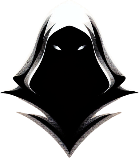 A stylized cloak hood casting a deep shadow, with only faint eyes or nothing visible within. Could also be a figure splitting into a solid version and a shadowy decoy..
Single Game Texture.  In-Game asset.  2d.  Blank background.  High contrast.  No shadows