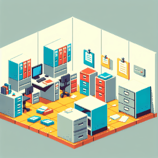 Single Game Texture. In-Game asset. 2D. Blank background. High contrast. No shadows. A pixel-art retro office background featuring cubicles, filing cabinets, and scattered papers. The design is simple but vibrant, with blocky shapes and bright colors suitable for a static 2D game environment..
Single Game Texture. In-Game asset. 2d. Blank background. High contrast. No shadows.