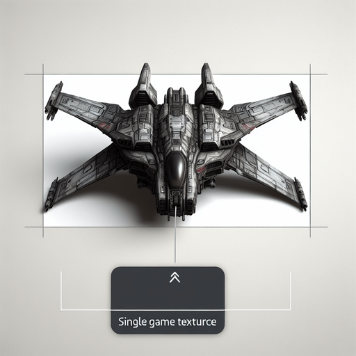 military spaceship flies upward.
Single Game Texture. In-Game asset. 2d. Blank background. High contrast. No shadows.