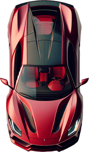 red topdown look of luxury speedy car.
Single Game Texture.  In-Game asset.  Blank background.  High contrast.  No shadows