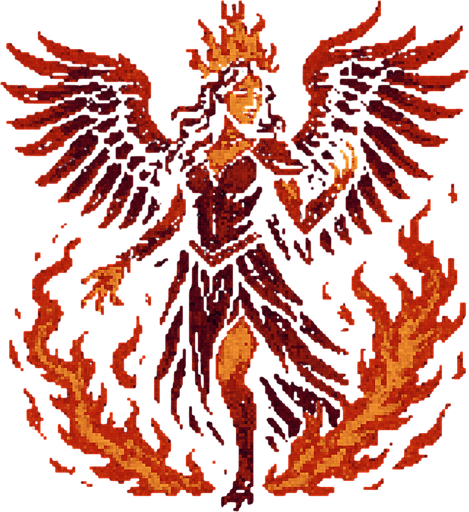Phoenix woman Dark souls style 2d pixel art.
In-Game asset.  2d.  High contrast.  No shadows