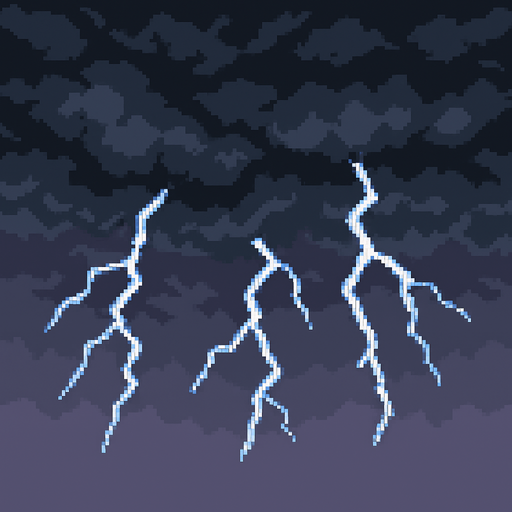 Storm clouds background, dark gray clouds, lightning bolts, dramatic sky, purple-gray gradient, 2D pixel art.
In-Game asset.  2d.  High contrast.  No shadows