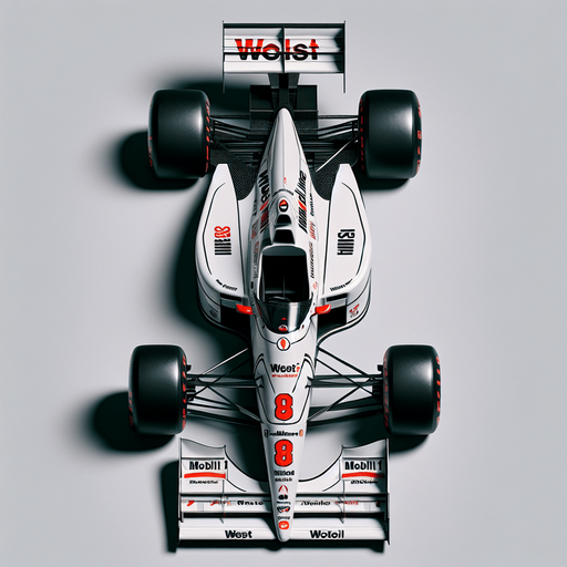 Mercedes-Benz MP4-13 F1 race car from 1999. TOP VIEW. 
BLACK & WHITE BODY. sIÉVER LIVERY Shiny-red arcs on both sides. Red 8 on nose 
Sponsor: "West" on rear wing. "Mobil1" on front wing..
Single Game Texture. In-Game asset. 2d. Blank background. High contrast. No shadows.