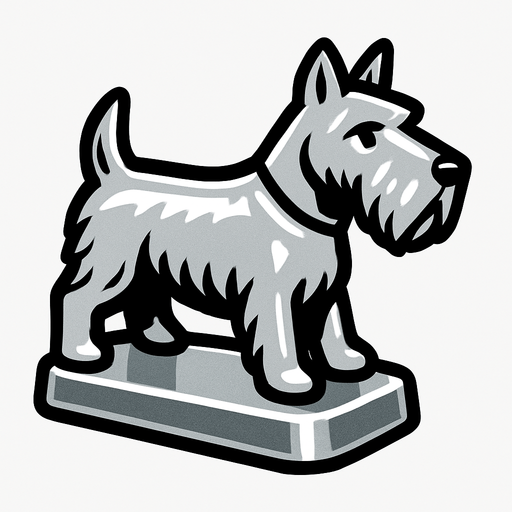 Köpek şeklinde gümüş monopoly piyonu yap.
In-Game asset.  2d.  High contrast.  No shadows